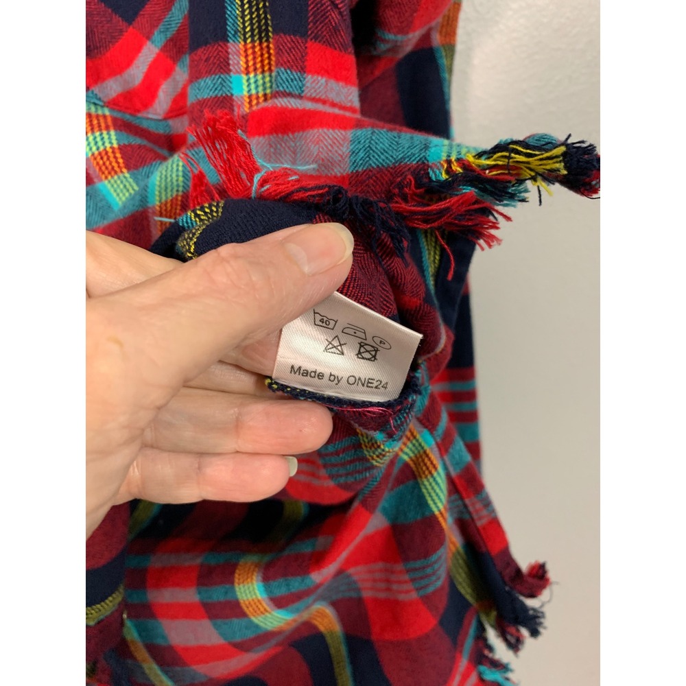 ONE24 RAGS Red Plaid‎ Fringed Flannel Shirt Oversized Distressed Women Large - Picture 9 of 10